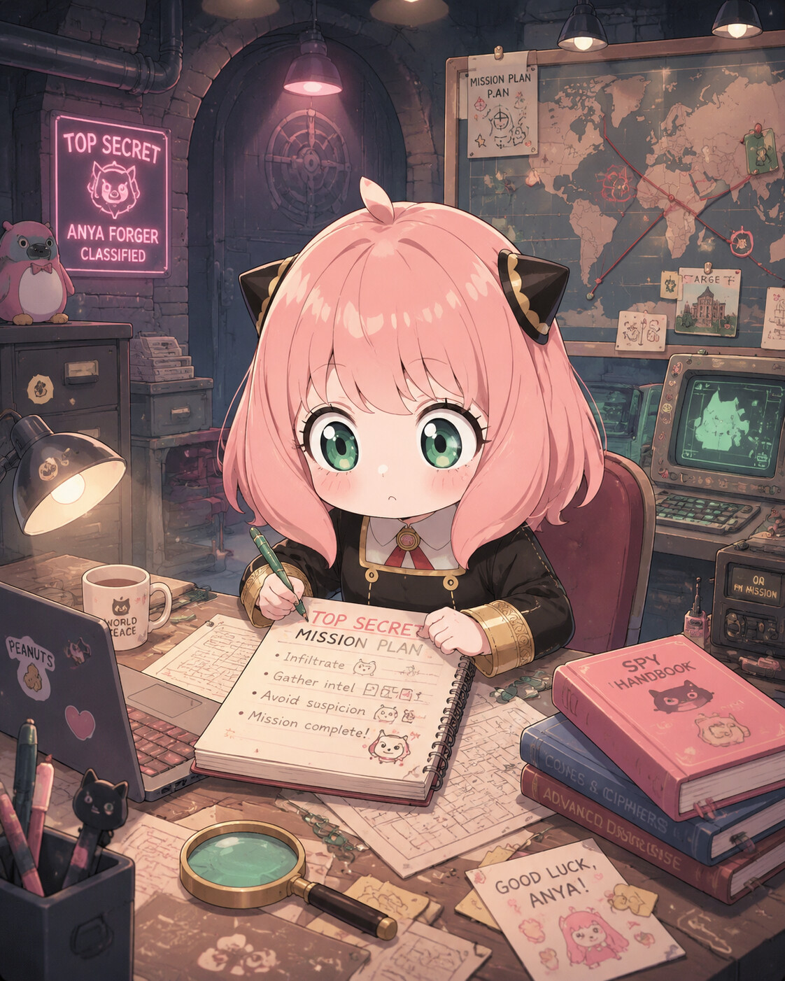 Plotting a secret mission in her notebook in a shadowy underground spy headquarters (chibi cute)