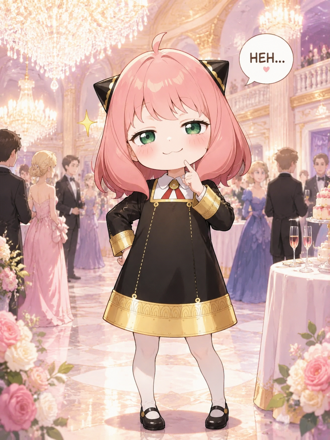 Practicing her signature smug heh smile At a grand evening gala under crystal chandeliers (chibi cute, bright pastel palette)