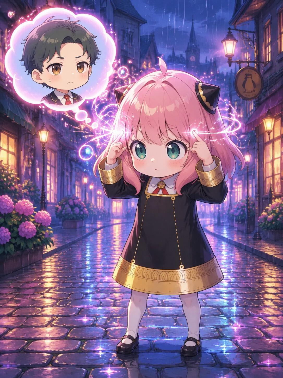 Reading minds with a serious focused expression on a rainy cobblestone street at night (chibi cute)