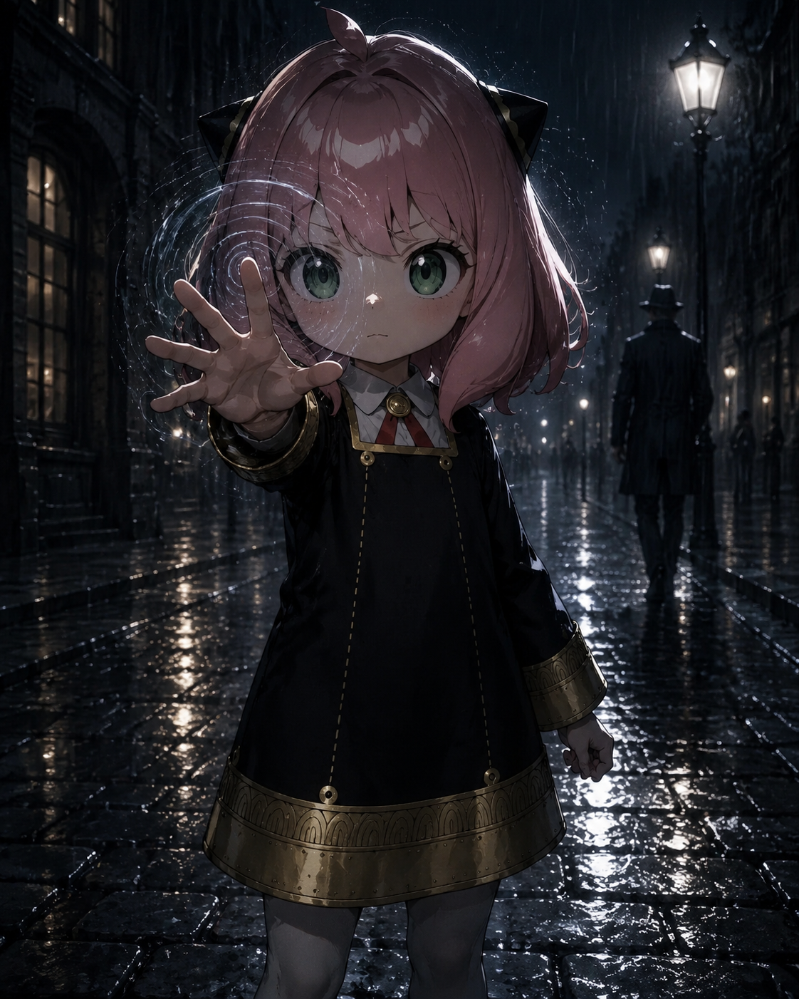 Reading minds with a serious focused expression On a rainy cobblestone street at night (gritty cinematic noir, dramatic shadows)