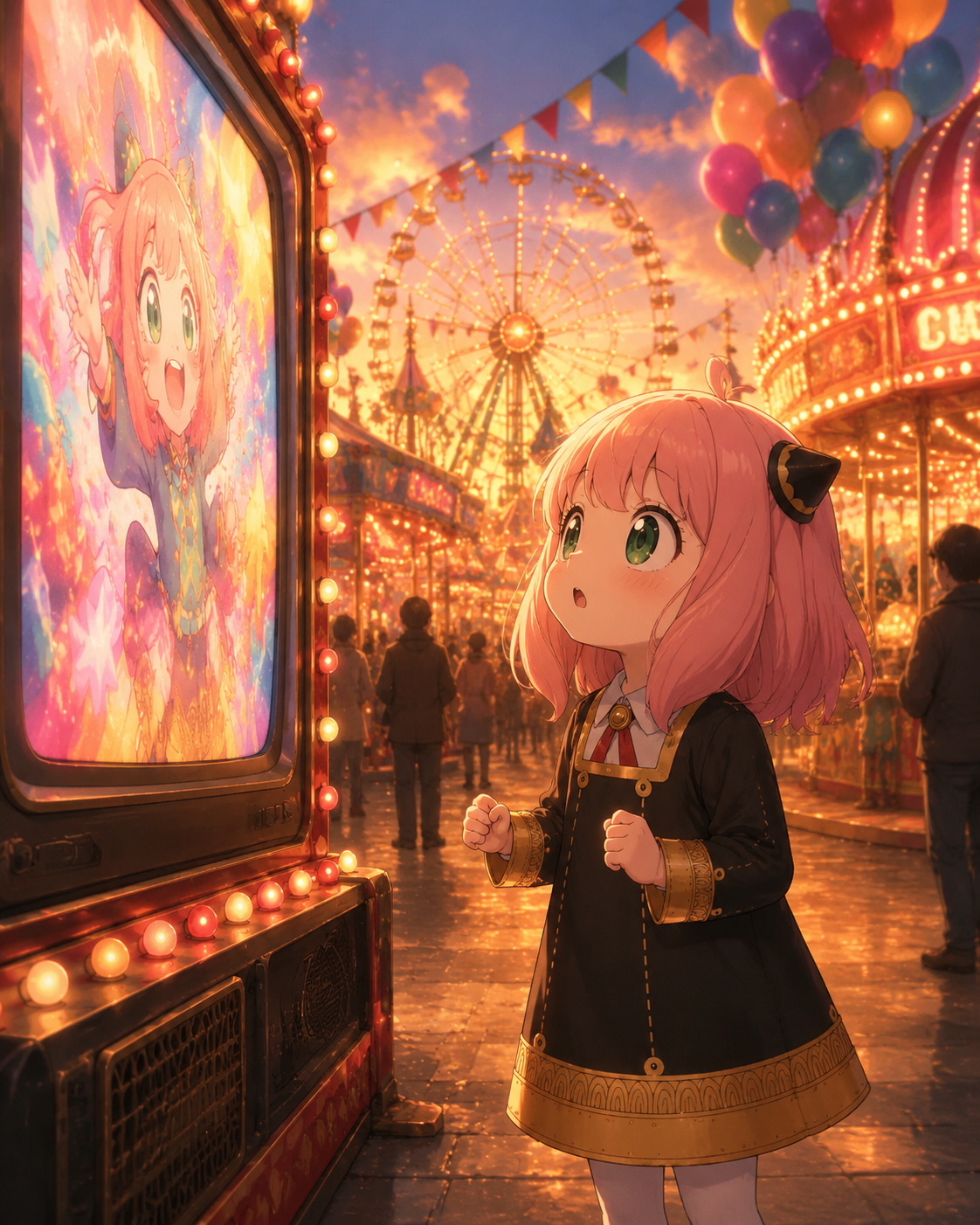 Staring in awe at a giant television At a colorful carnival filled with bright lights (detailed digital painting, warm golden hour)