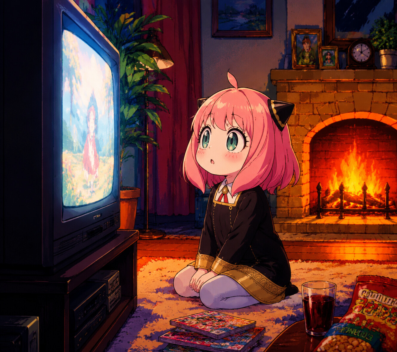 Staring in awe at a giant television in a cozy living room beside a fireplace (classic 90s anime aesthetic)