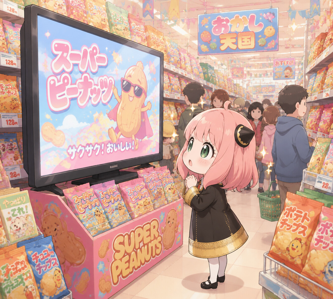 Staring in awe at a giant television in a crowded grocery store snack aisle (chibi cute)