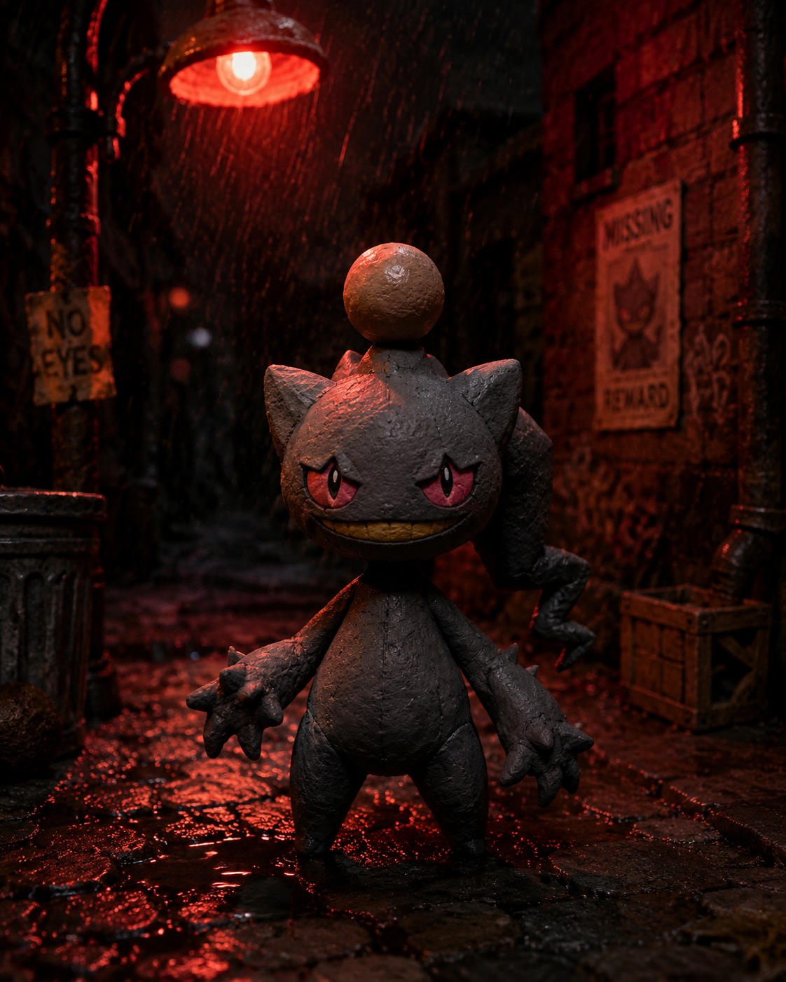 Balancing a small ball on its head In a rainy backstreet illuminated by a red lamp (Eerie claymation style, handcrafted texture)