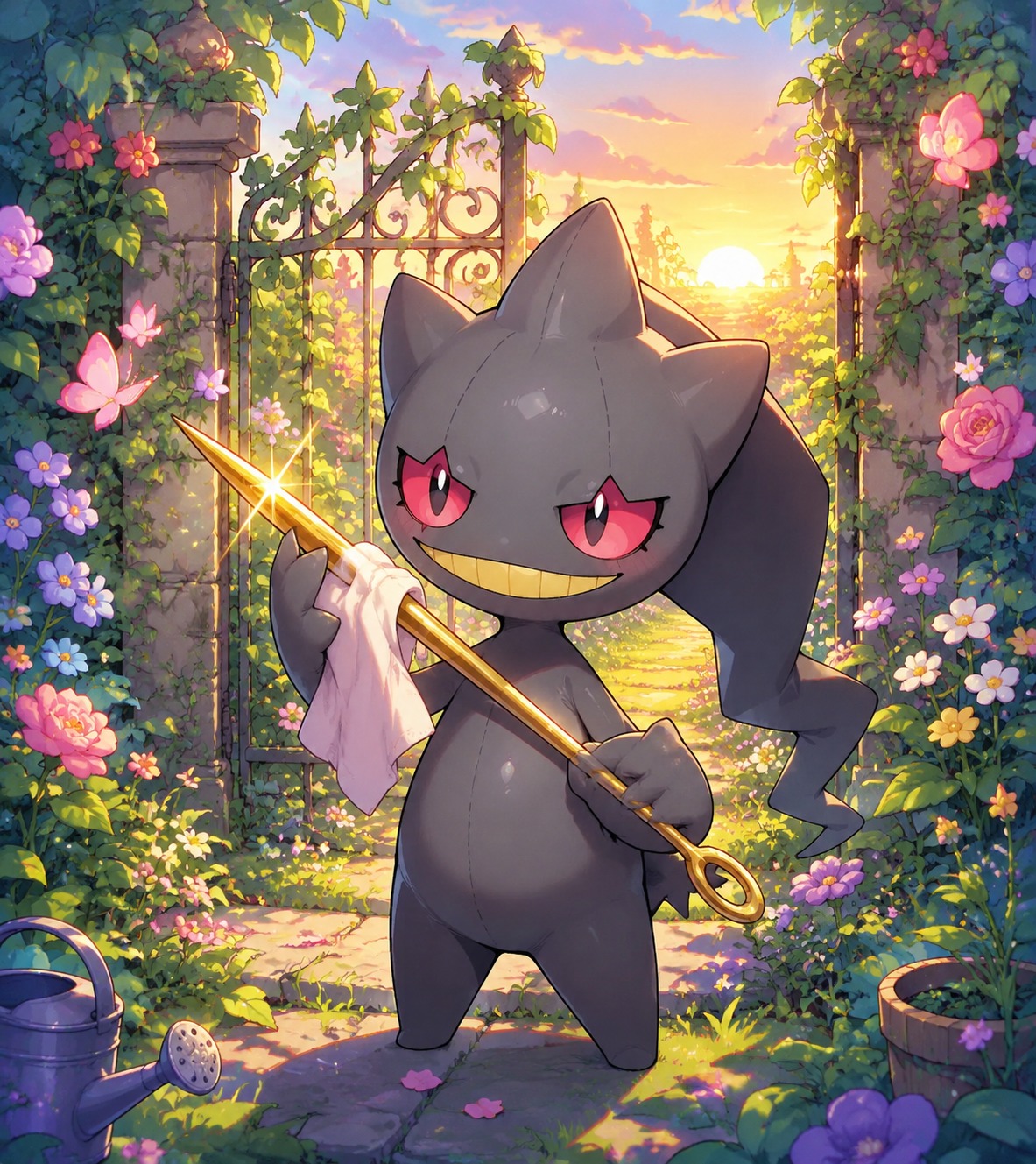 Polishing a shiny gold needle At an overgrown garden gate at sunrise (Kawaii chibi art, vibrant candy colors)