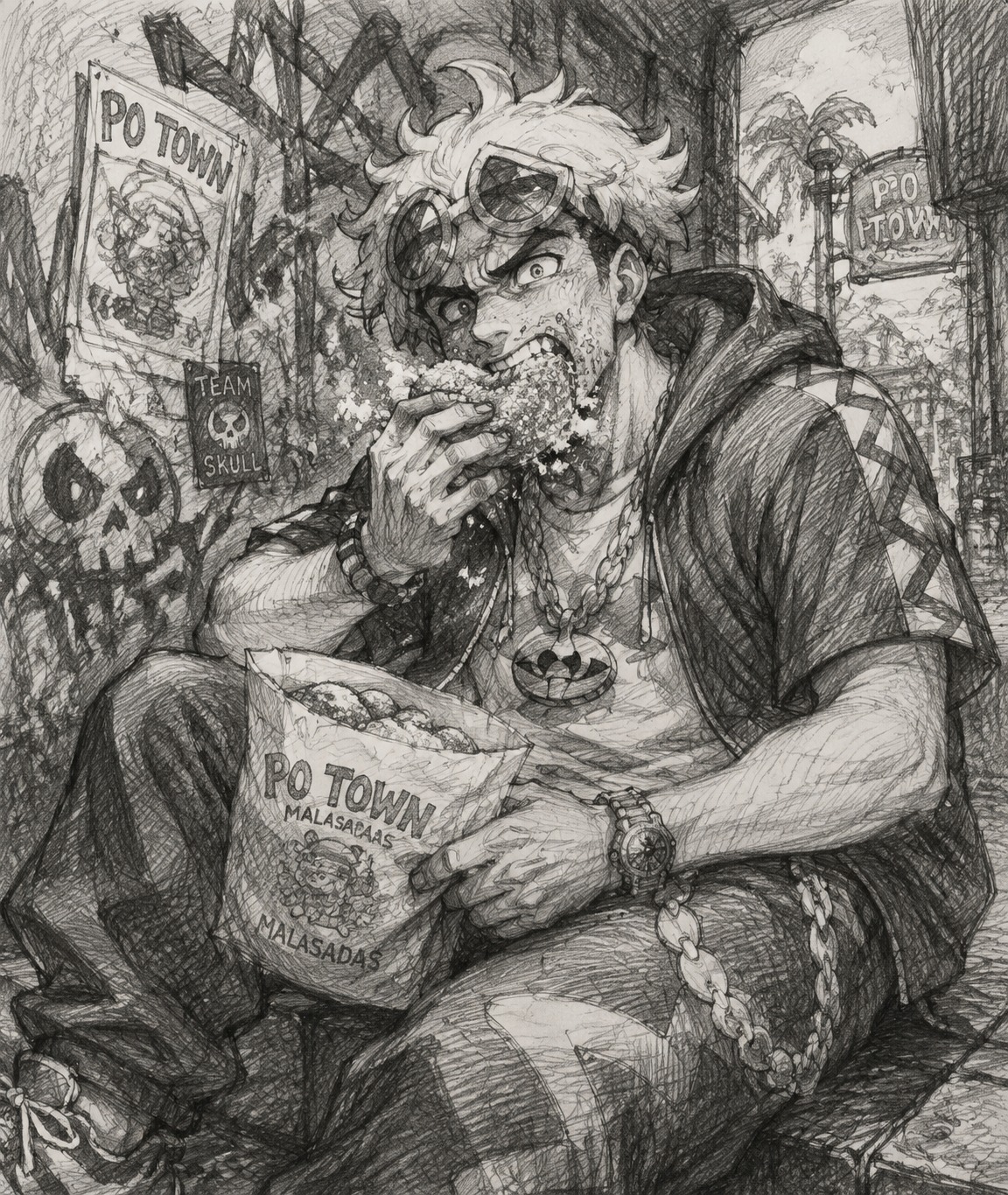 Eating a malasada with messy enthusiasm In a graffiti-covered alleyway in Po Town (rough pencil sketch, heavy crosshatching)