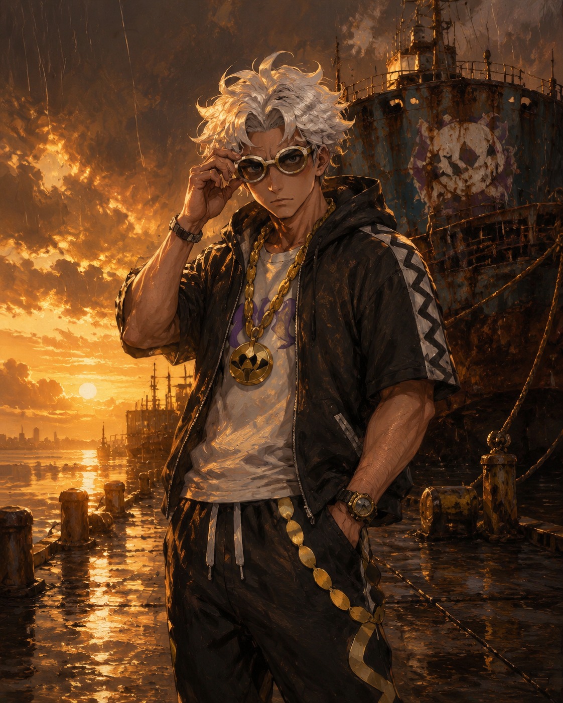 Fixing his white-rimmed sunglasses At a rainy dock near a rusted freighter (epic oil painting, golden hour lighting)
