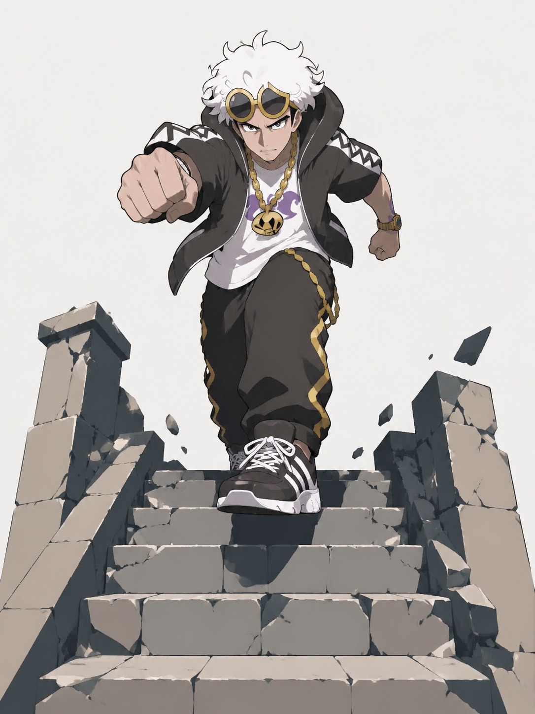Lunging forward with a clenched fist At the top of a crumbling stone staircase (flat vector illustration, minimalist color palette)