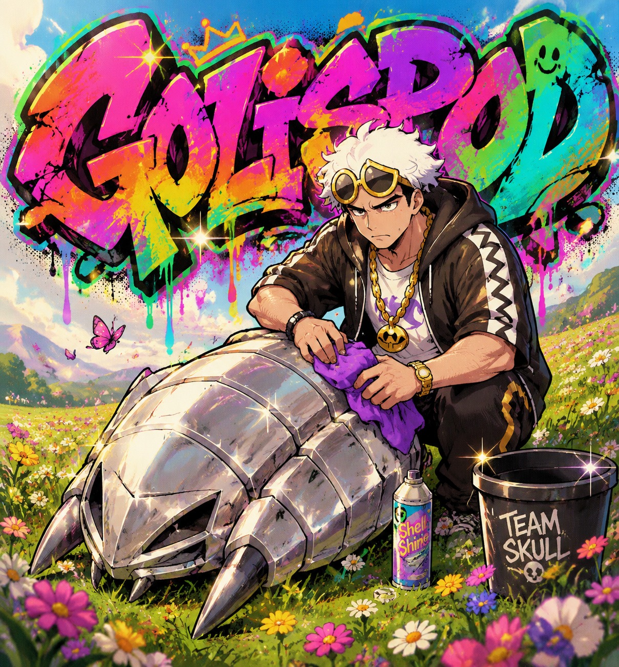 Polishing a silver golisopod shell On a flowery meadow during a spring morning (90s street art, vibrant neon graffiti)