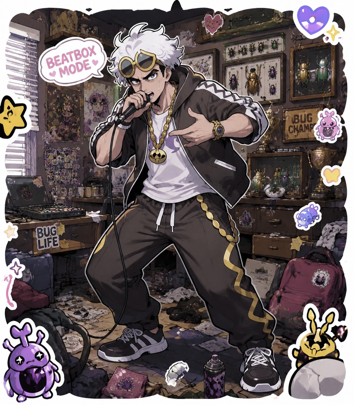 Practicing a complex beatbox rhythm In a messy bedroom filled with bug trophies (cutesy sticker art, thick white borders)