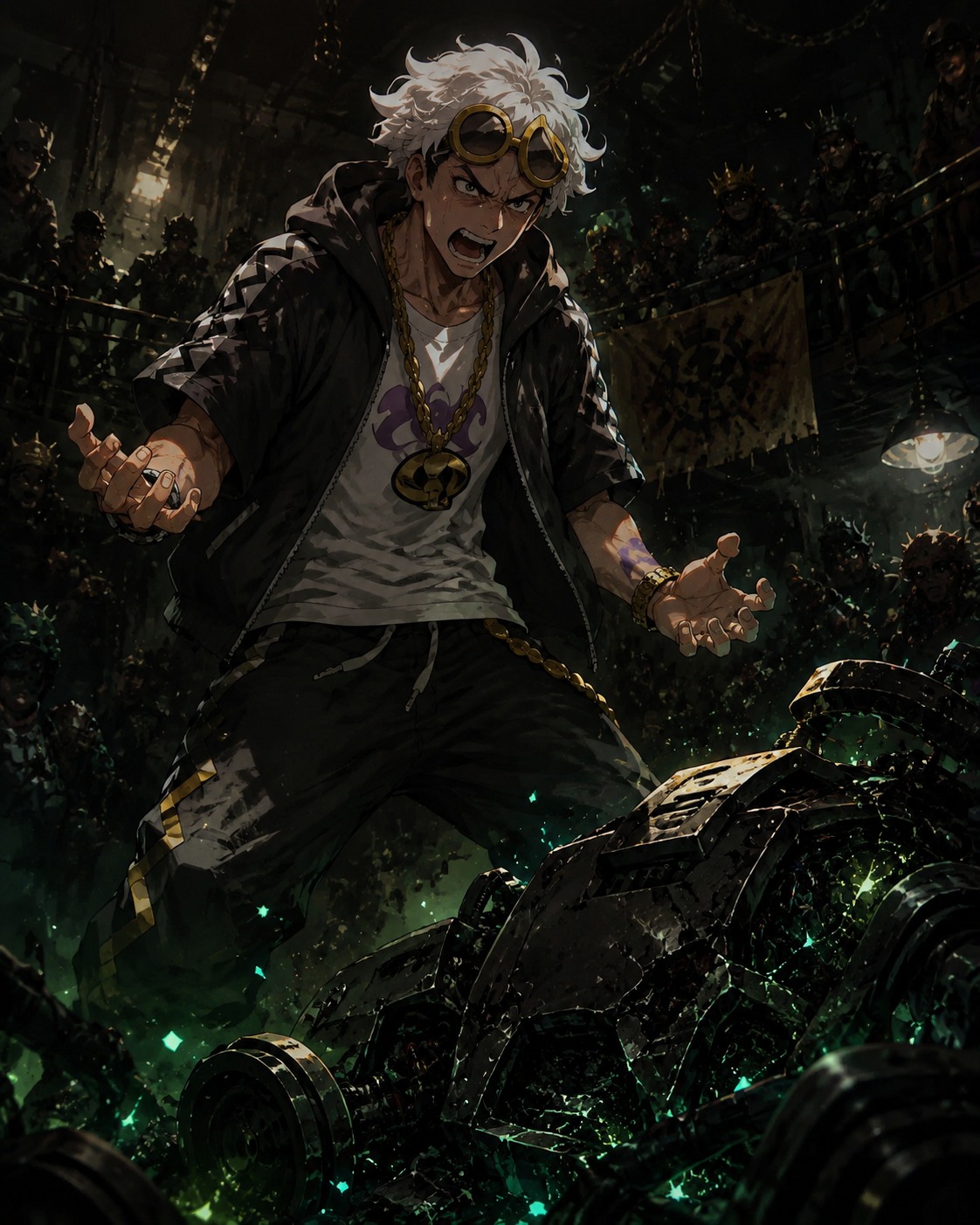 Screaming in frustration at a broken machine In a chaotic underground battle club (dark fantasy concept art, glowing green embers)