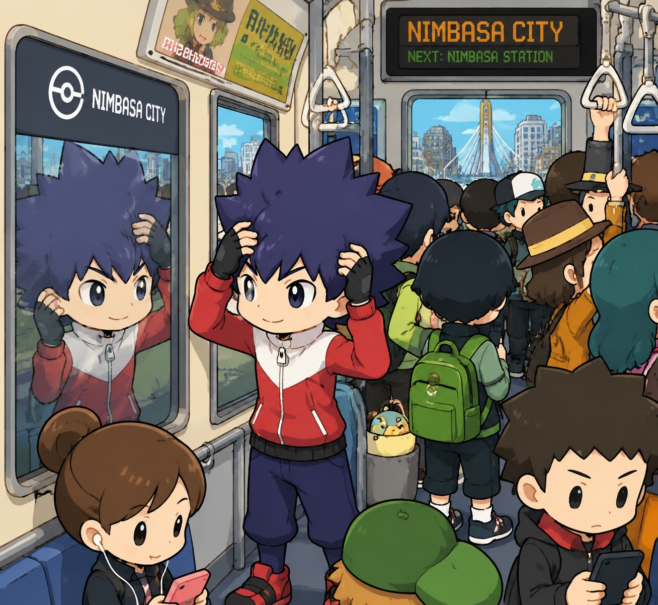 Adjusting his spiked hair in a shop window On a busy commuter train in Nimbasa City (chibi cute style, bright flat colors)