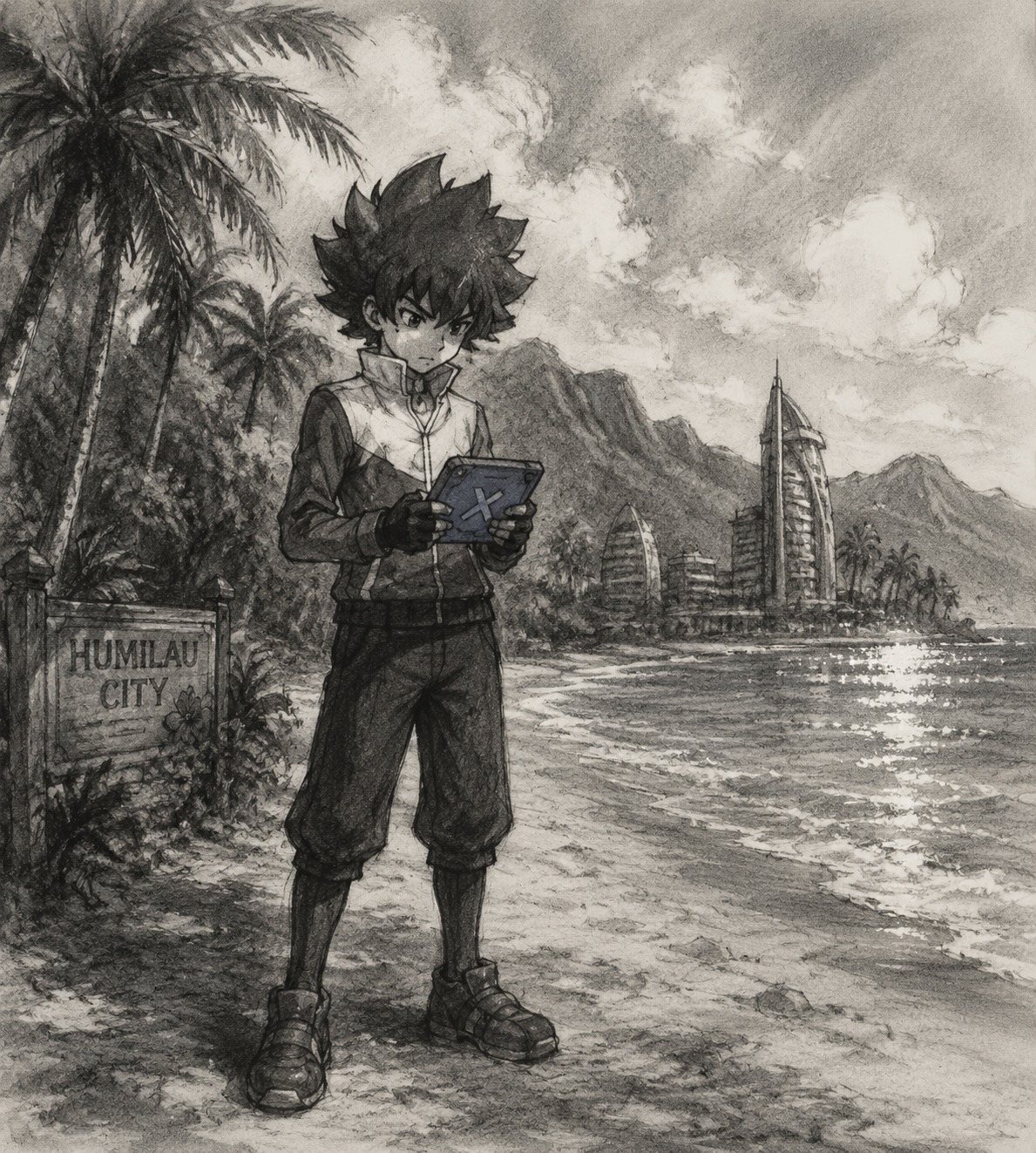 Checking a map on his blue xtransceiver On a sparkling tropical beach in Humilau City (moody charcoal sketch, smudged shadows)