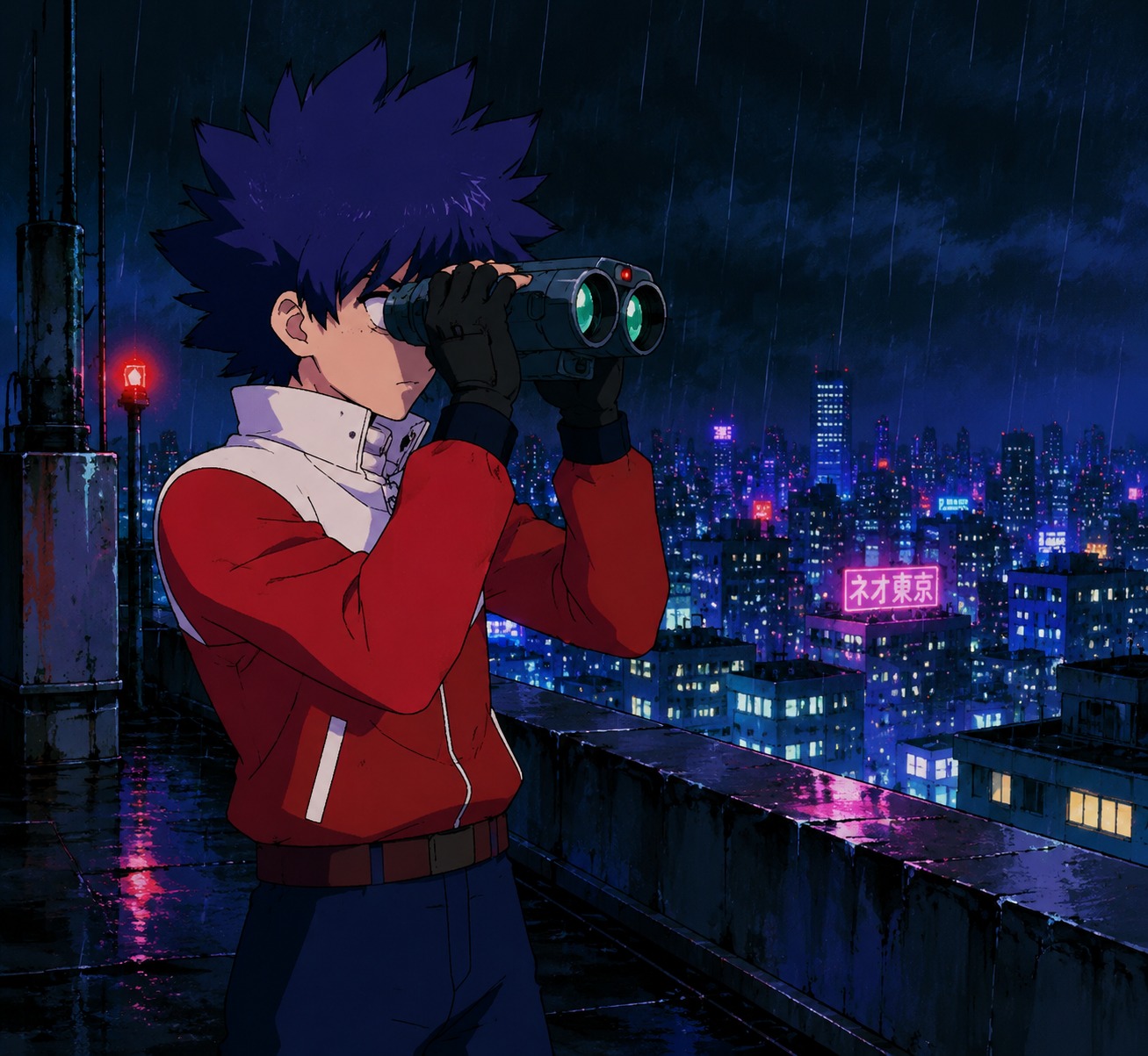 Looking through a pair of high-tech binoculars On a rainy rooftop overlooking the city lights (retro 90s anime style, vibrant cel shading)