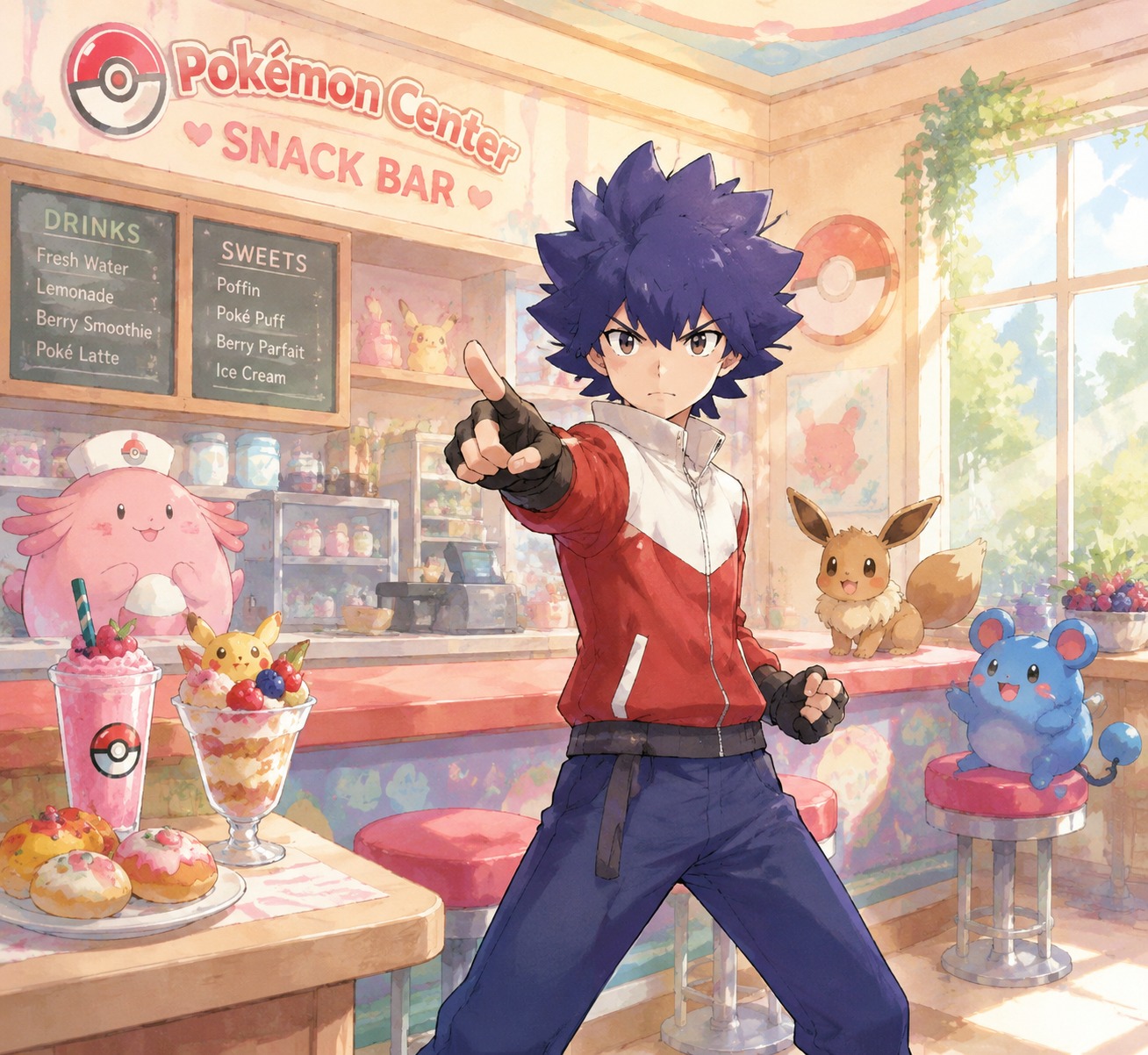 Pointing his finger forward during a battle At a colorful Pokémon Center snack bar (soft pastel watercolor, gentle sunlight)
