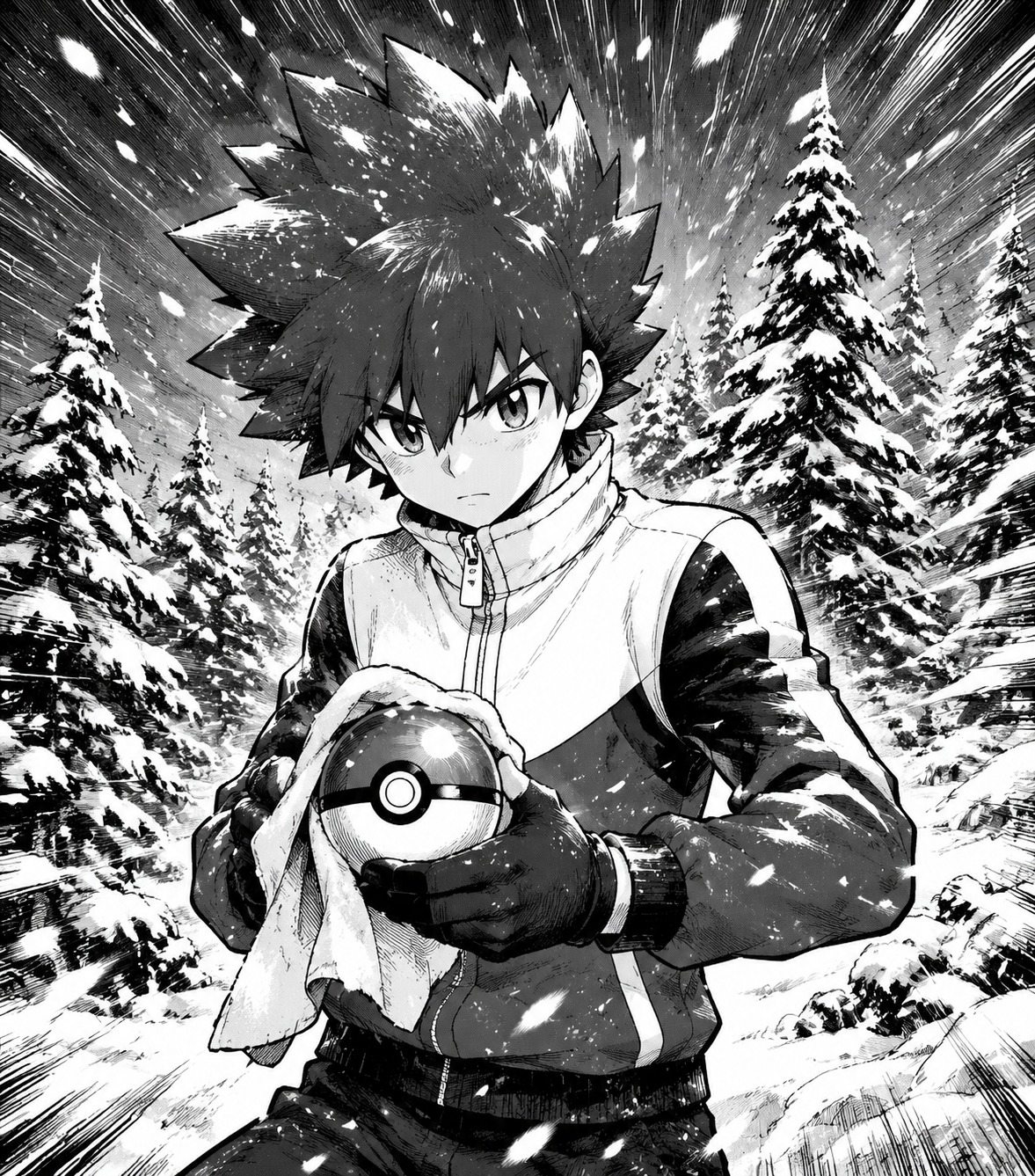 Polishing a poké ball with a soft cloth In a frozen evergreen forest during a blizzard (high-contrast manga ink, bold speed lines)