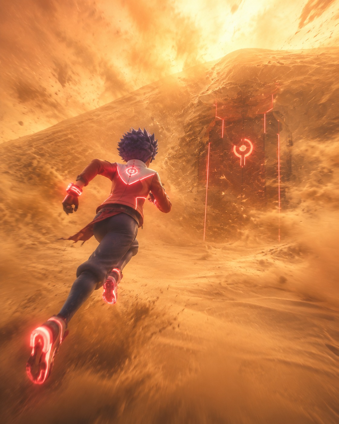 Running full tilt toward a hidden entrance In the middle of a blinding desert sandstorm (sleek 3D render, glowing neon accents)