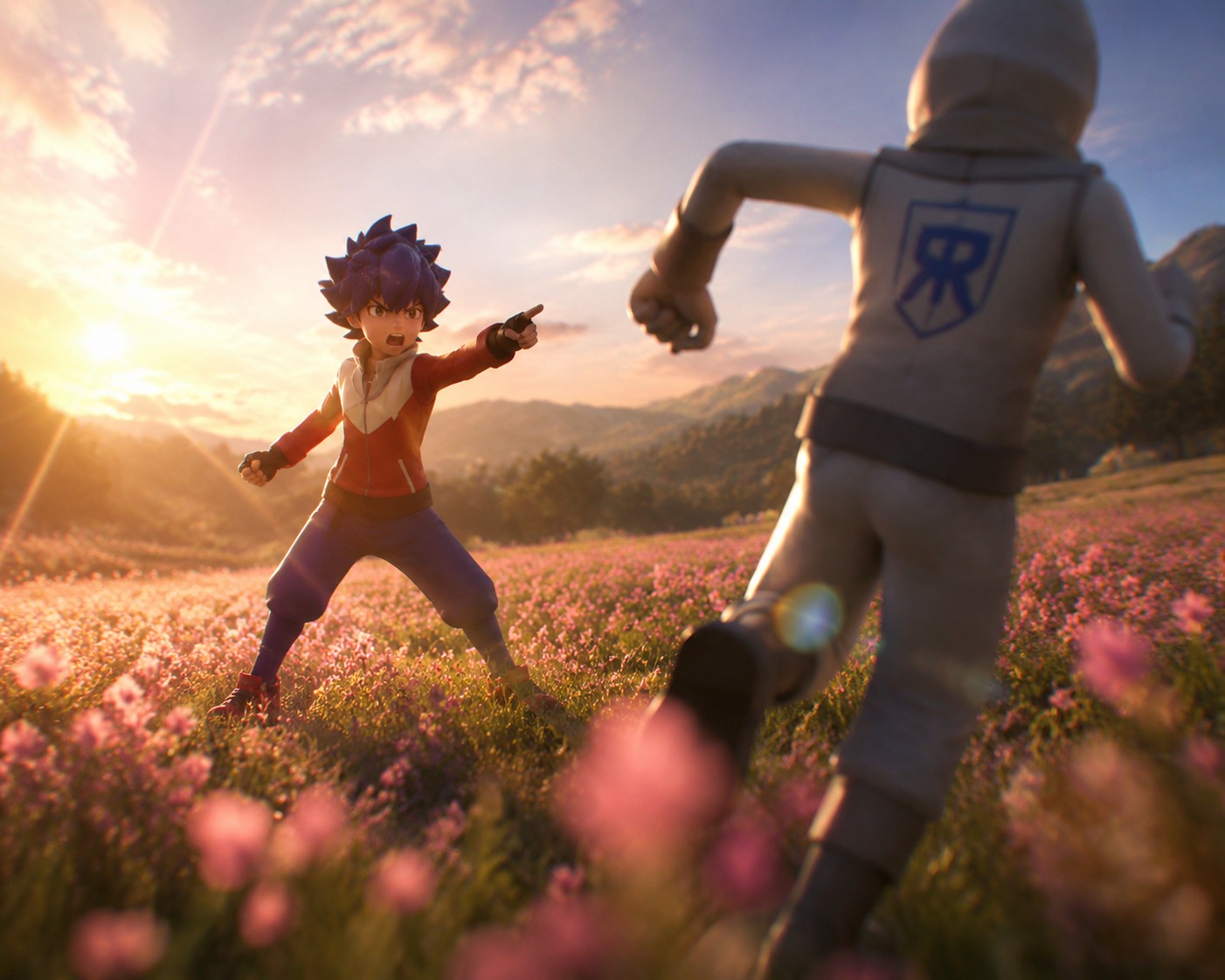 Shouting at a retreating team plasma grunt In a quiet field of blooming pink flowers (cinematic photography, dramatic lens flare)