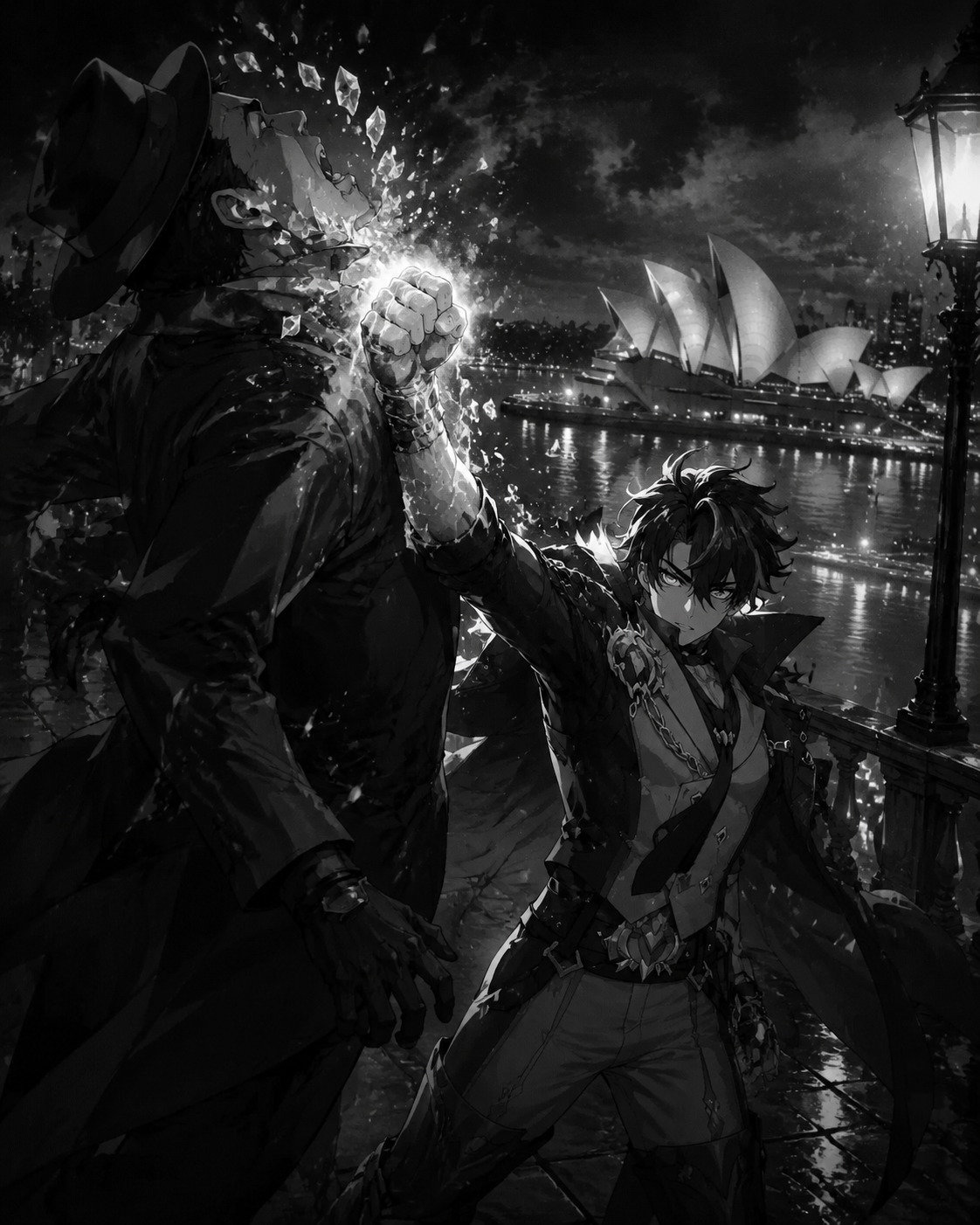Delivering a powerful frost-infused uppercut On a balcony overlooking the Opera House (noir detective, high contrast monochrome)