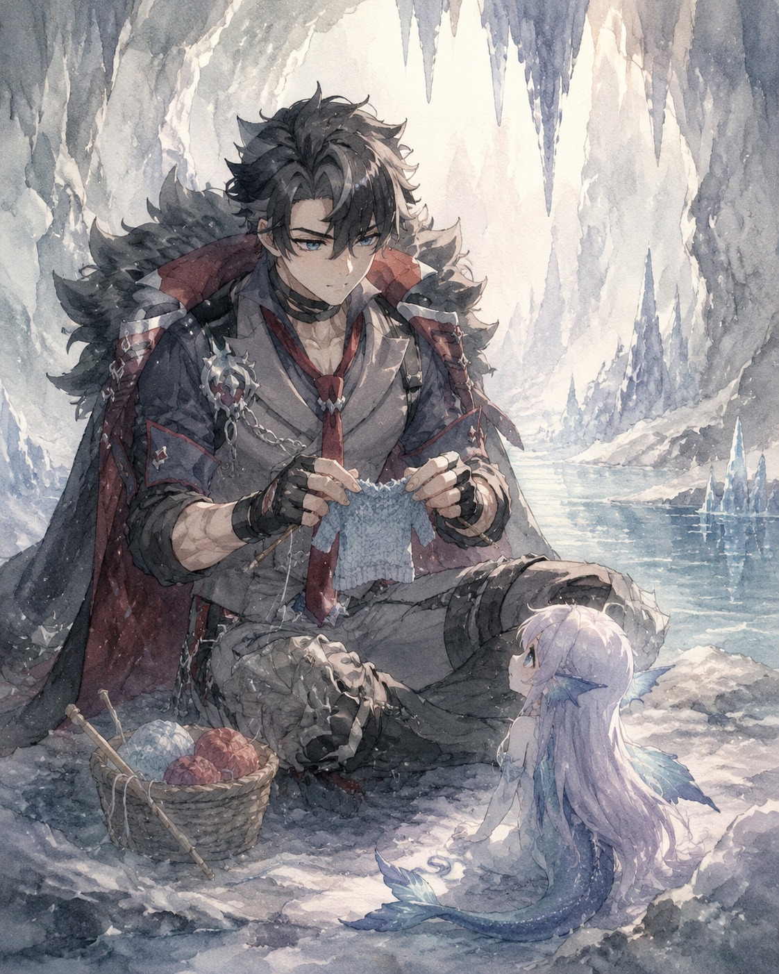 Knitting a tiny sweater for a melusine At the bottom of a frozen cavern (delicate watercolor, soft morning light)