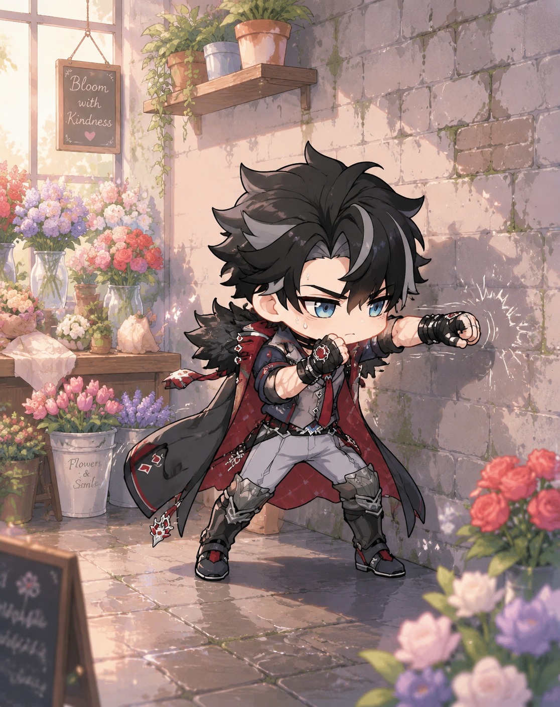 Shadowboxing against a damp brick wall In a quiet flower shop (chibi art style, bright pastels)
