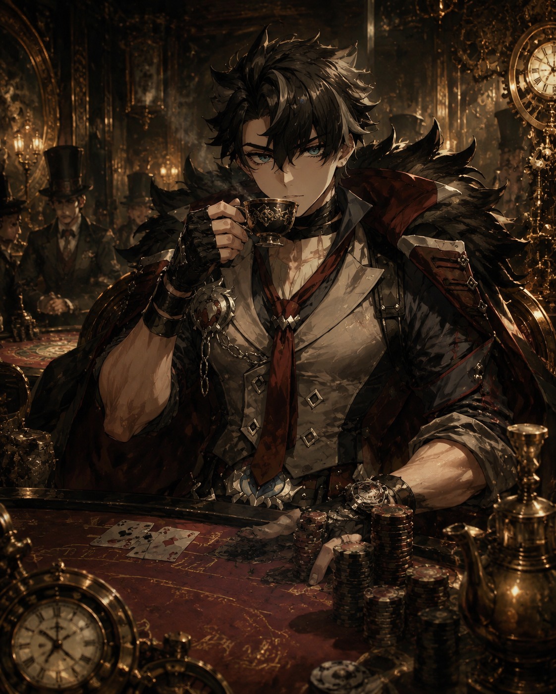 Sipping a cup of hot black tea At a high-stakes gambling table (steampunk oil painting, metallic textures)