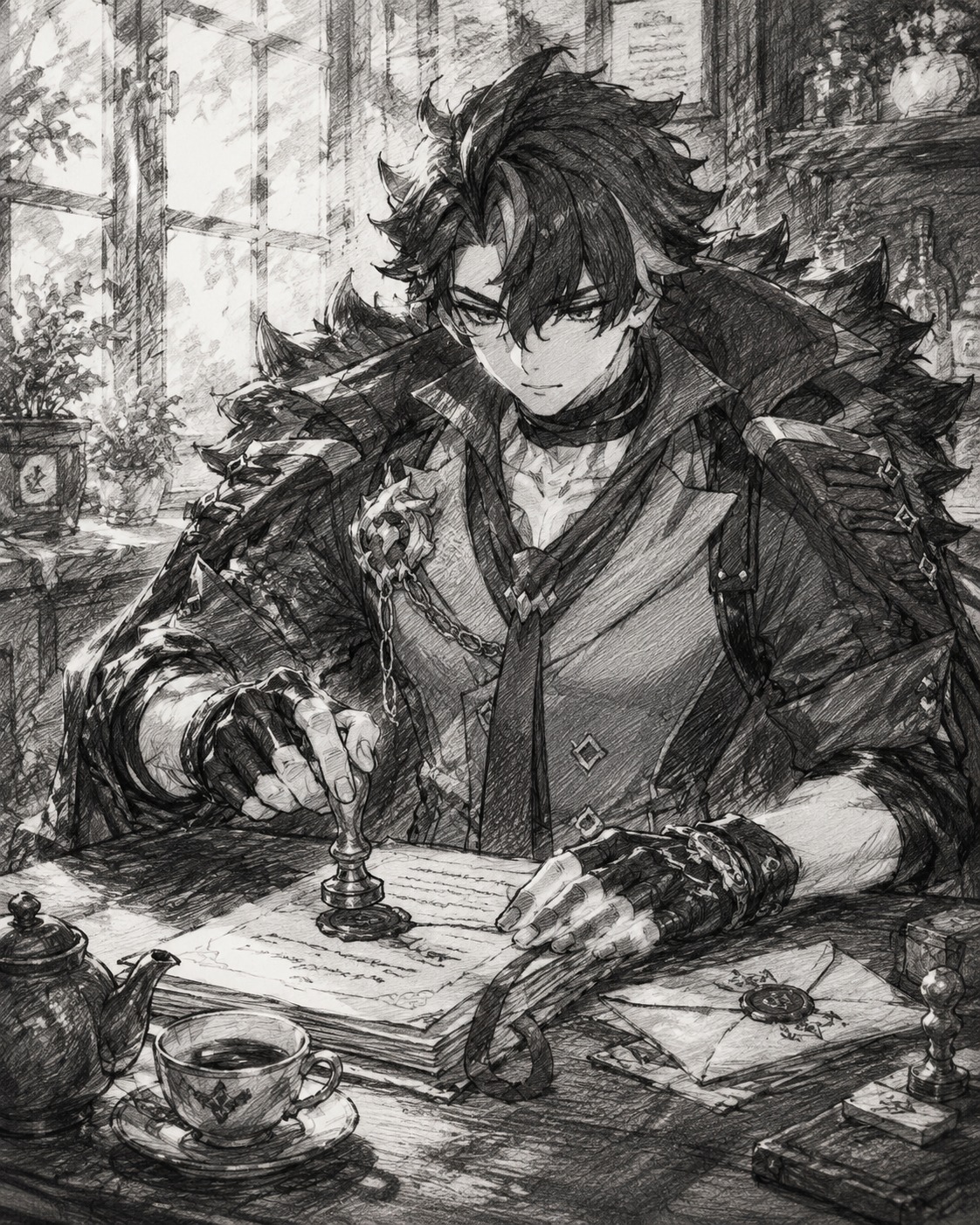 Stamping official documents with a wax seal In a cozy sunlit tea room (rough charcoal sketch, cross-hatched)