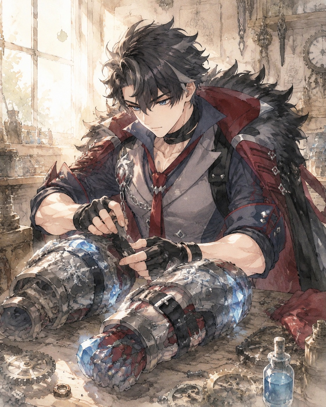 Tightening straps on heavy cryo gauntlets At a workbench covered in gears (delicate watercolor, soft morning light)