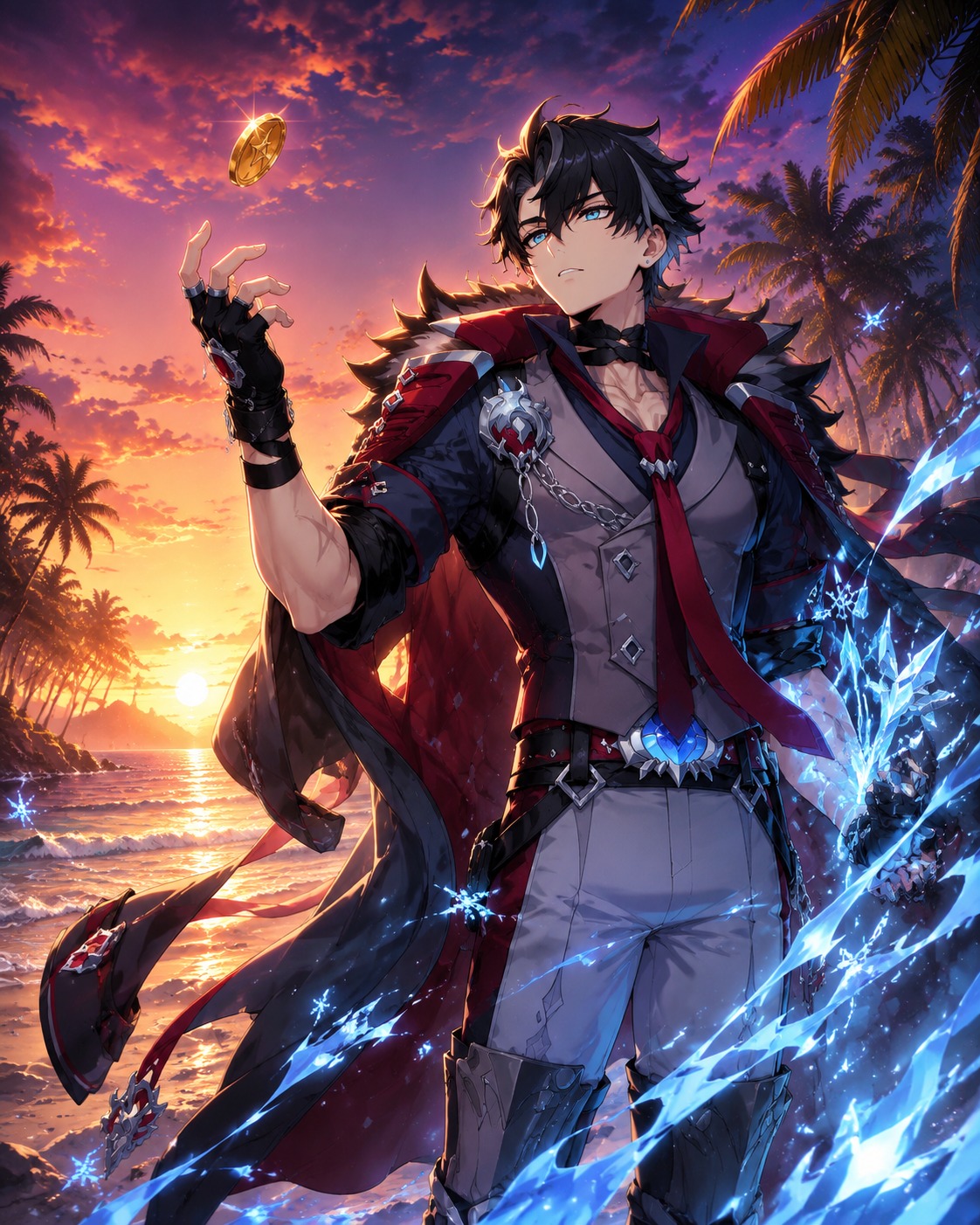 Tossing a gold coin into the air On a tropical beach at sunset (vibrant anime, glowing cryo effects)