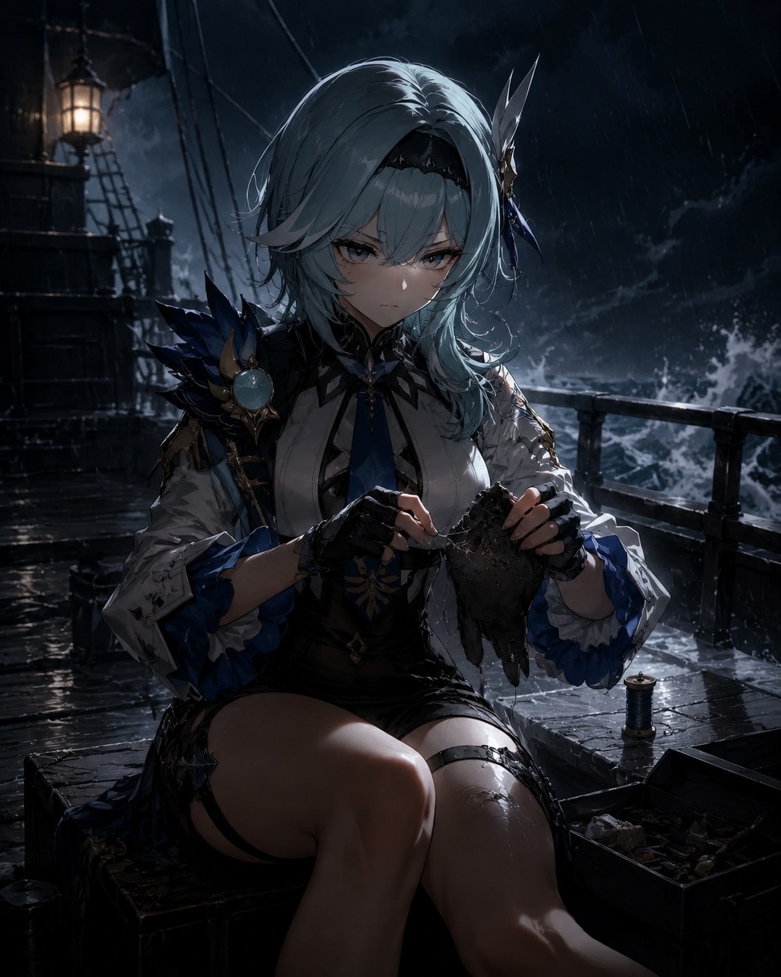 Mending a torn tactical glove On the deck of a ship during a storm (cinematic noir, dramatic shadows)