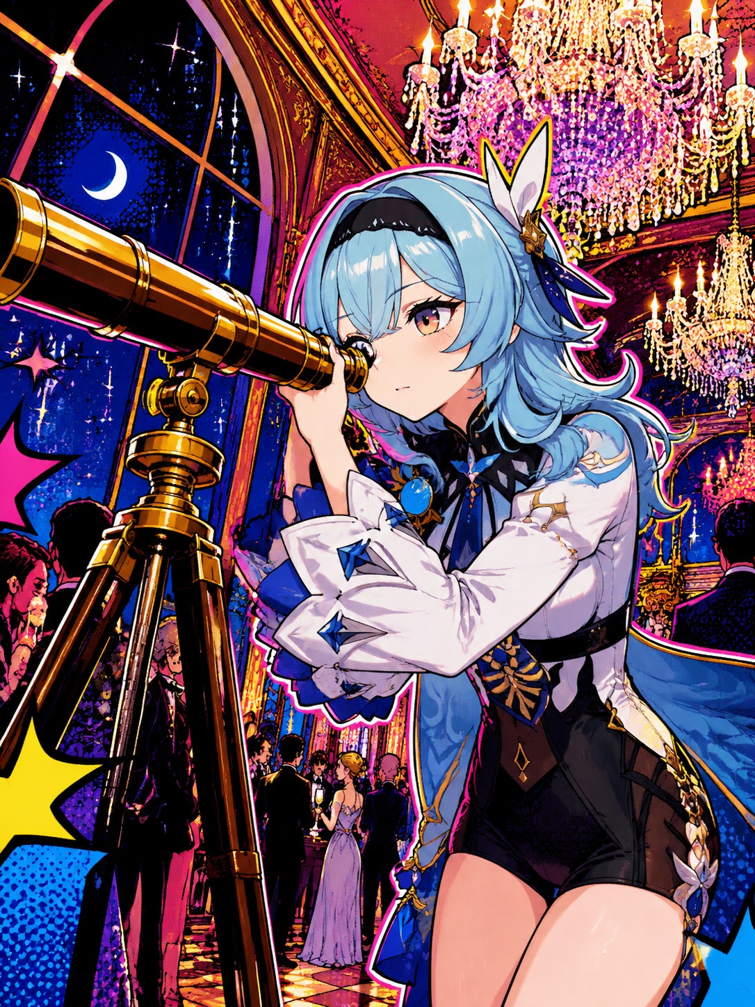 Observing the stars through a brass telescope At a high-society ballroom under crystal chandeliers (vibrant pop art, bold outlines)