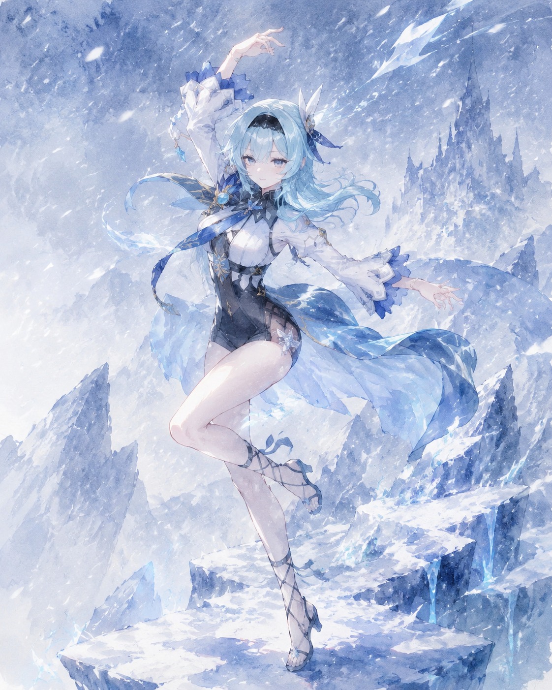 Performing a graceful glacial dance On a jagged icy cliff during a blizzard (watercolor anime, soft lighting)