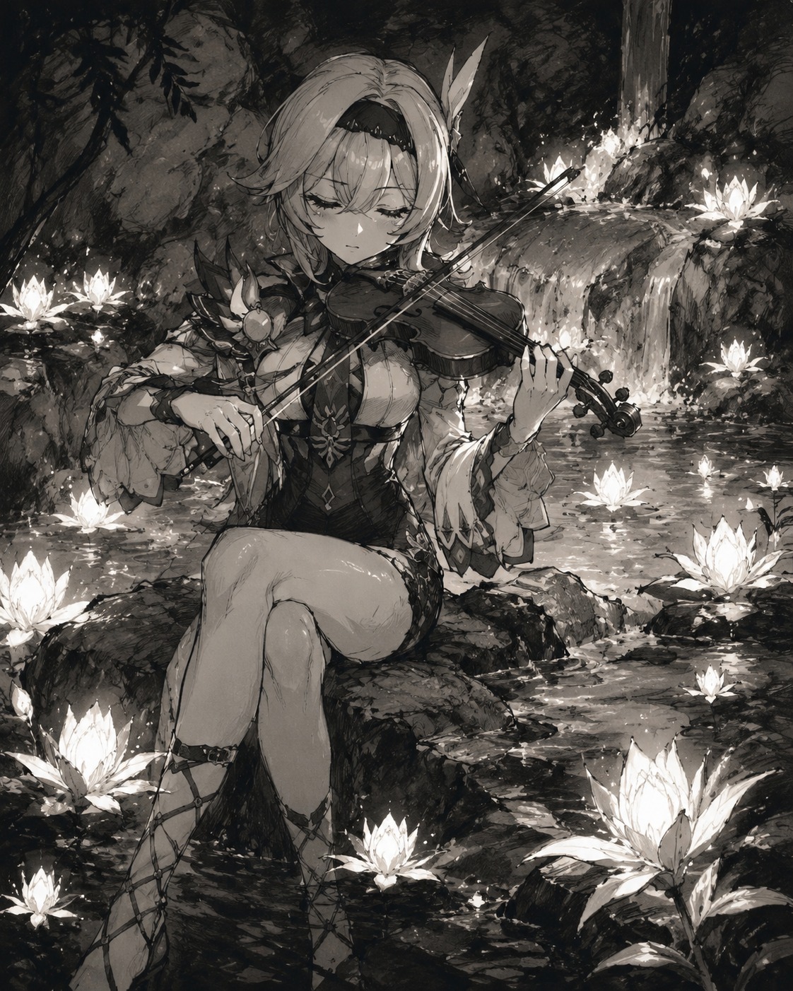 Playing a melancholy melody on a violin At a hidden spring surrounded by glowing lilies (gritty sketch, charcoal and ink)