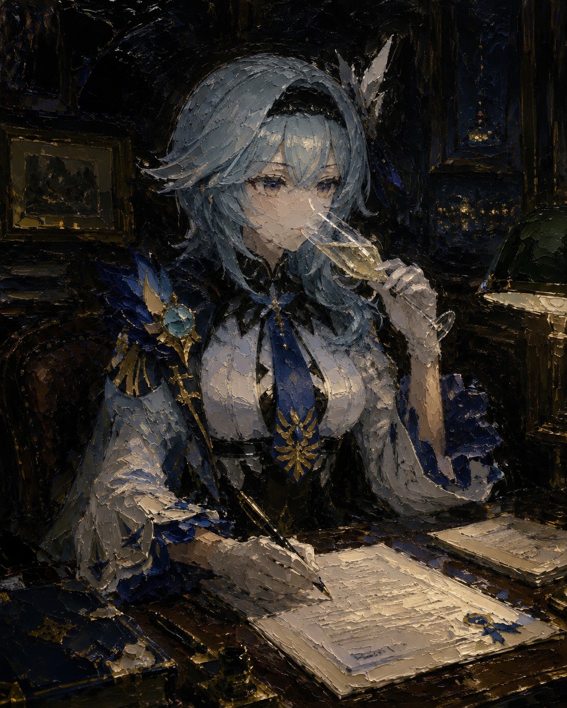 Sipping chilled sparkling wine In a dimly lit office signing official documents (oil painting, heavy impasto textures)