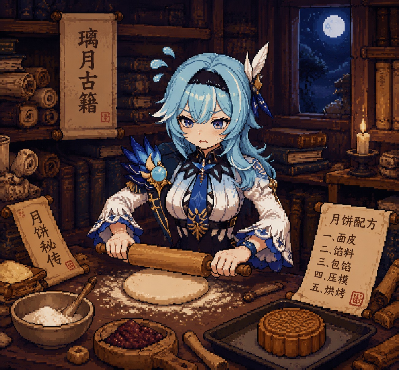 Struggling to bake a traditional moon pie In a dusty library surrounded by ancient scrolls (retro pixel art, 16-bit aesthetic)