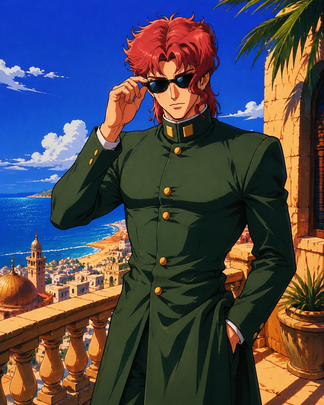 Adjusting his sunglasses against the desert sun On a sun-drenched balcony overlooking the ocean (90s retro anime style, vibrant cel shading)
