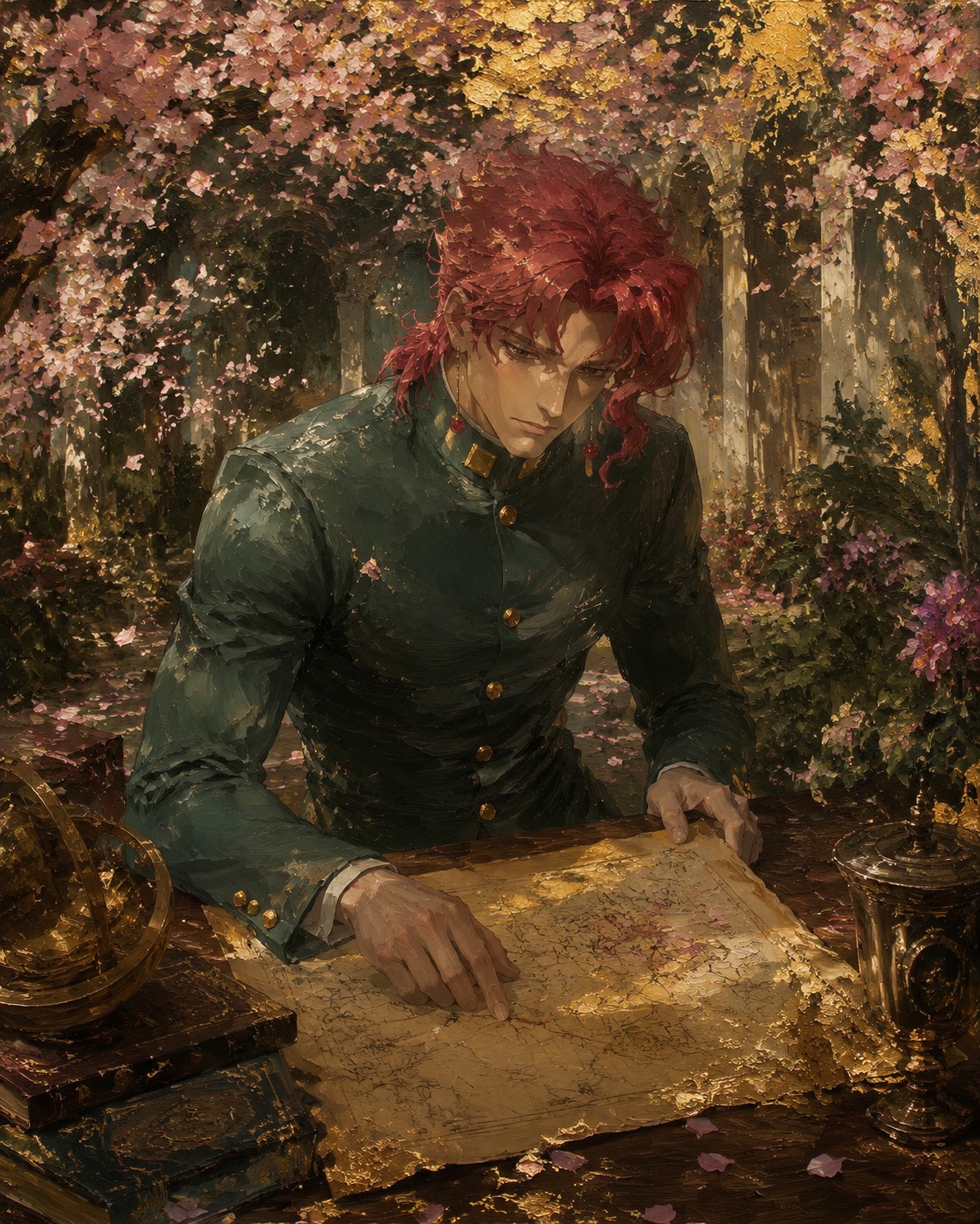 Analyzing a mysterious map on a table In a lush botanical garden under cherry blossoms (moody oil painting, heavy brushstrokes and gold leaf)