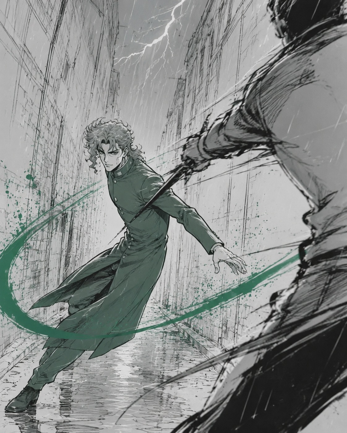 Dodging a sudden blow with fluid grace In a narrow alleyway during a thunderstorm (minimalist line art, splash of emerald green)