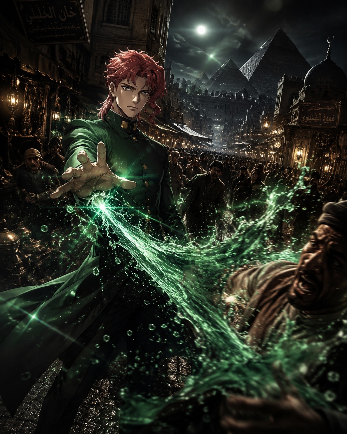Launching a powerful emerald splash attack At a crowded street market in Cairo (cinematic noir, dramatic shadows and lens flare)