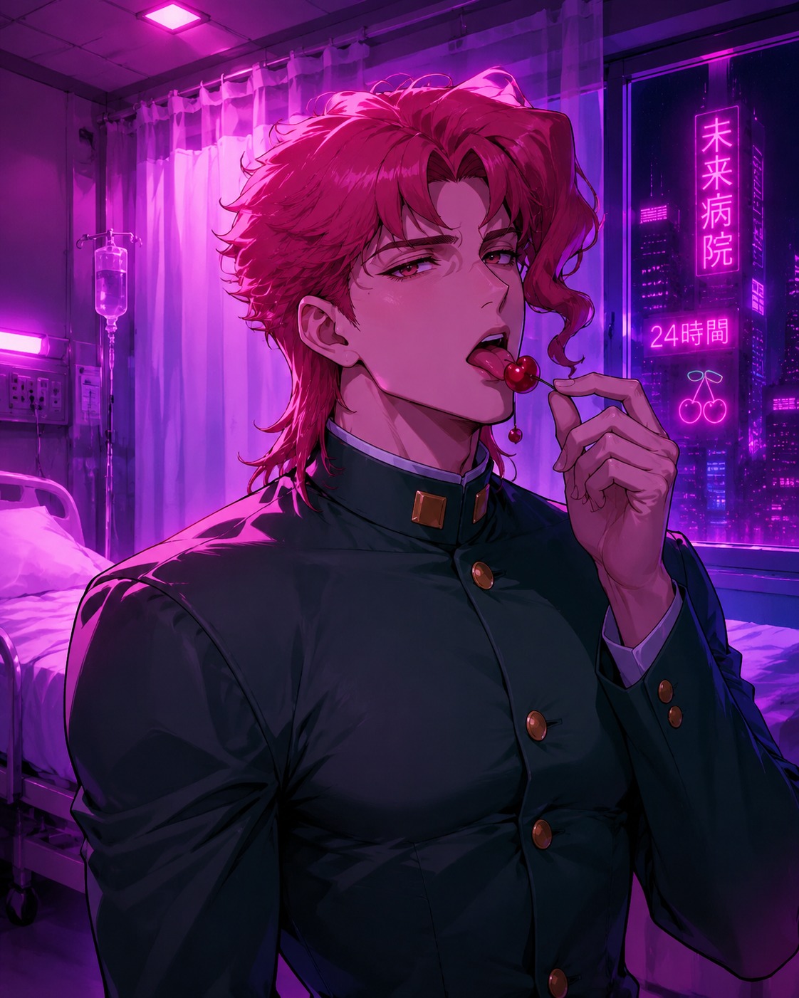 Licking a cherry with rhythmic precision In a quiet hospital room with white curtains (cyberpunk synthwave aesthetic, neon pink and purple)