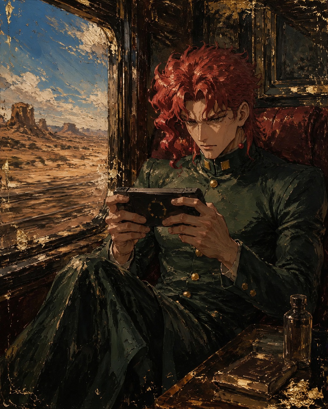 Playing a handheld video game with intense focus On a moving train speeding through the desert (moody oil painting, heavy brushstrokes and gold leaf)
