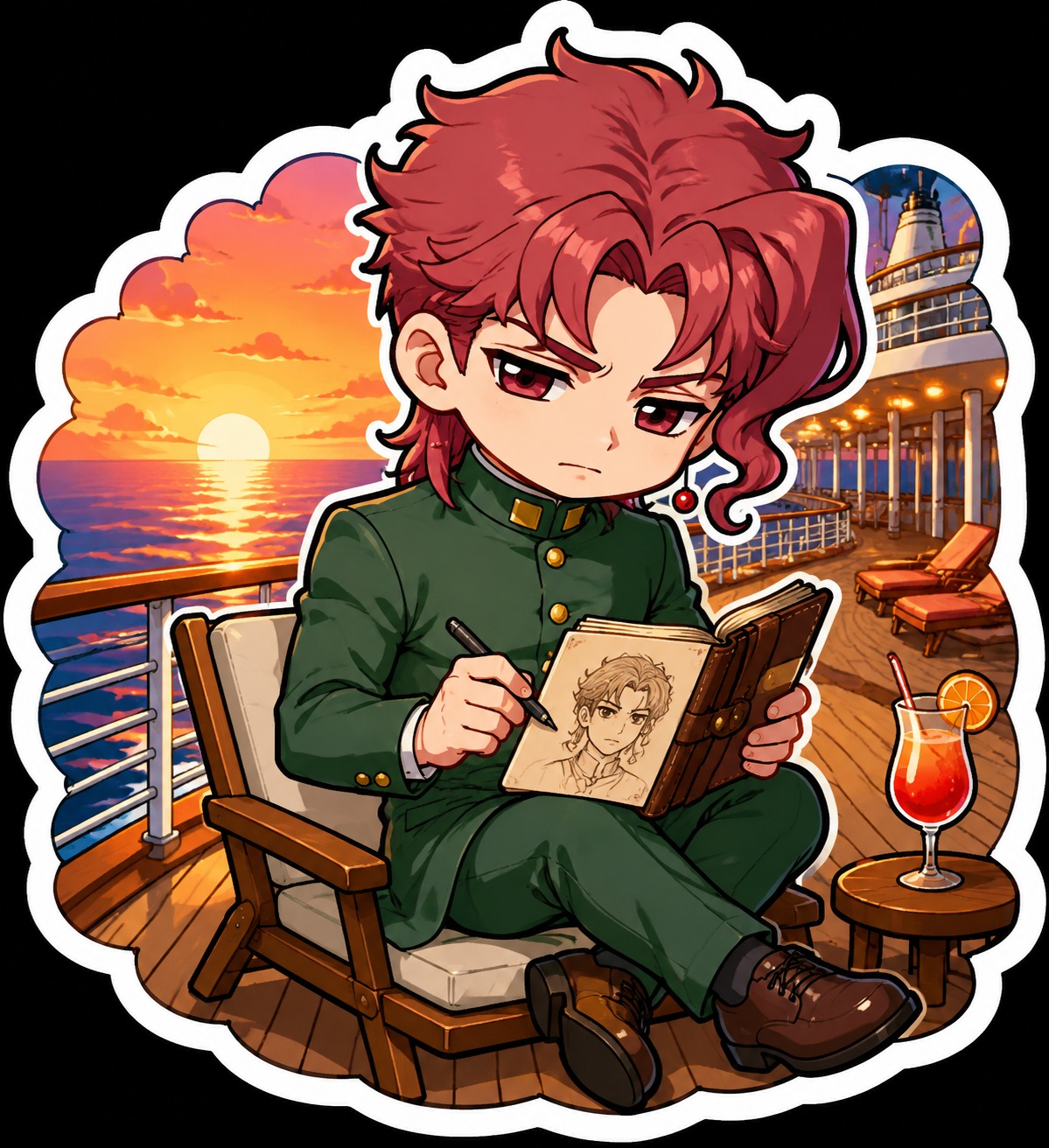 Sketching a portrait in a leather notebook On a luxury cruise ship deck at sunset (chibi sticker art, bold outlines and bright colors)
