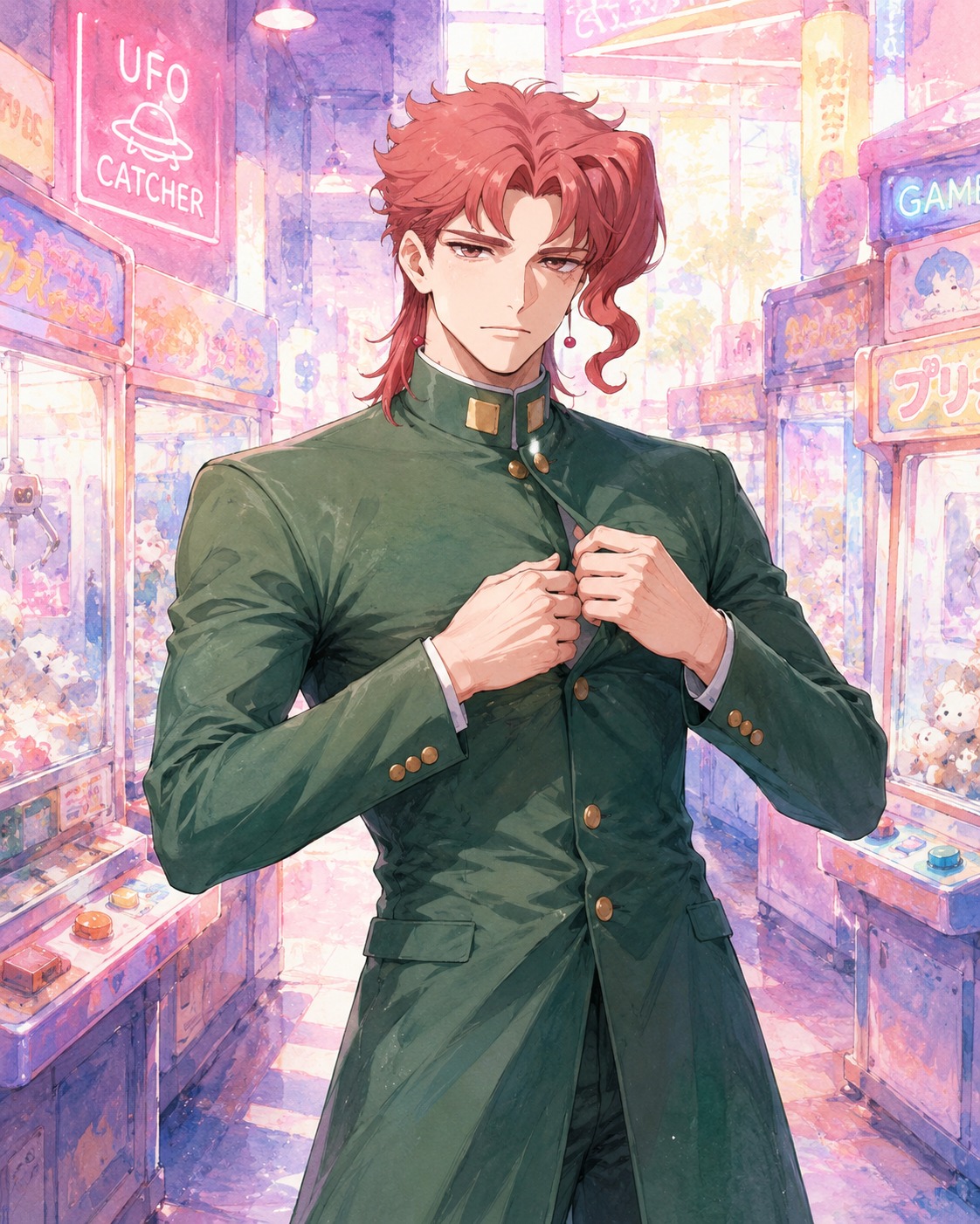 Straightening his dark green school blazer At a colorful arcade bathed in neon light (soft watercolor, pastel morning light)