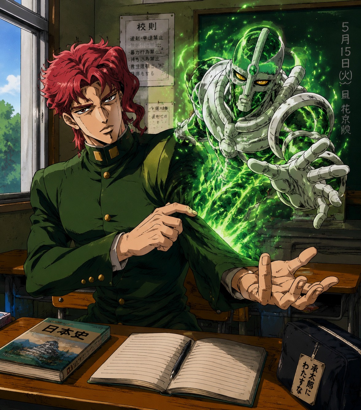 Summoning hierophant green from his sleeve At a traditional Japanese school desk (90s retro anime style, vibrant cel shading)