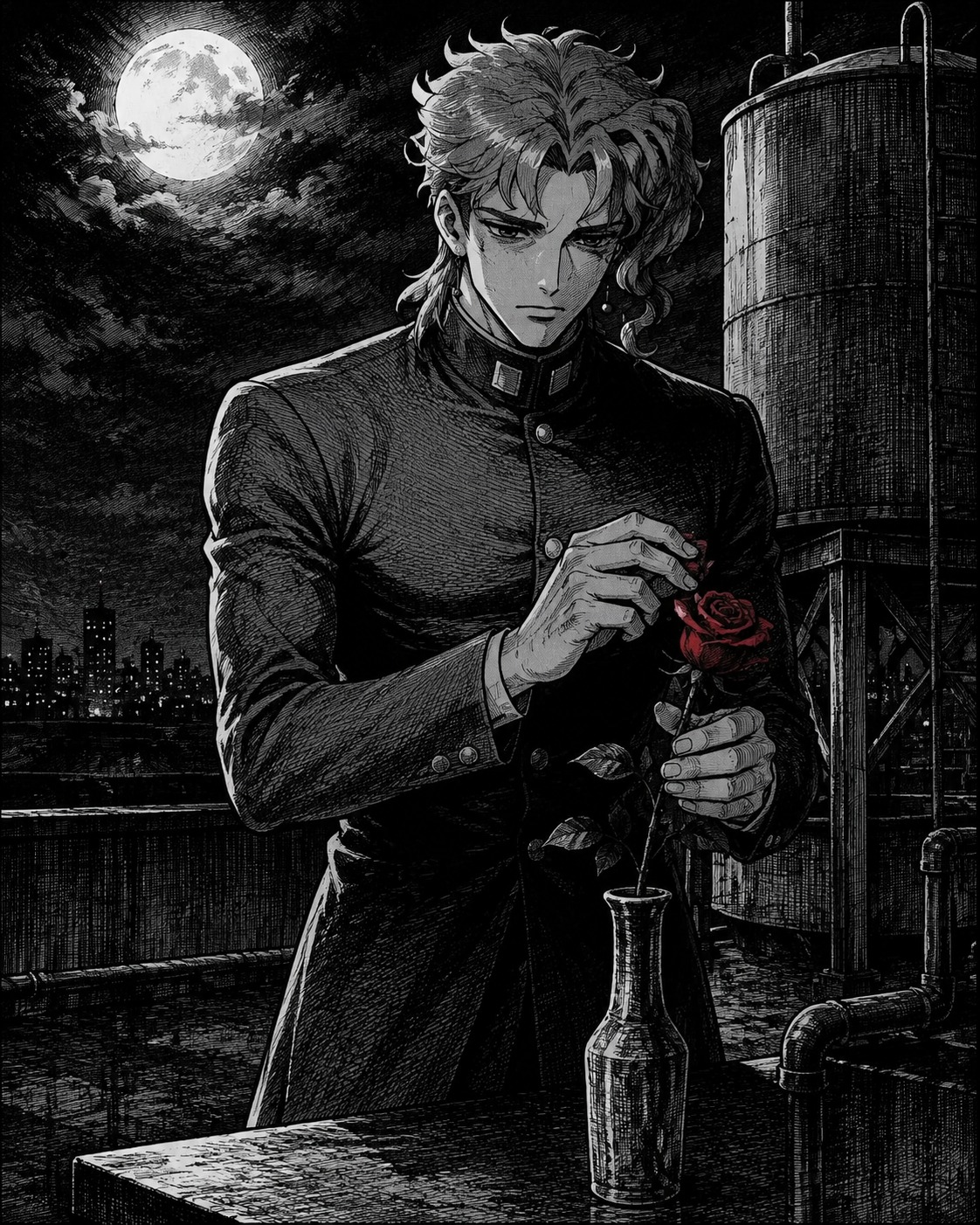 Tending to a single red rose in a vase At a rooftop water tank under the moonlight (gritty manga illustration, high contrast cross-hatching)