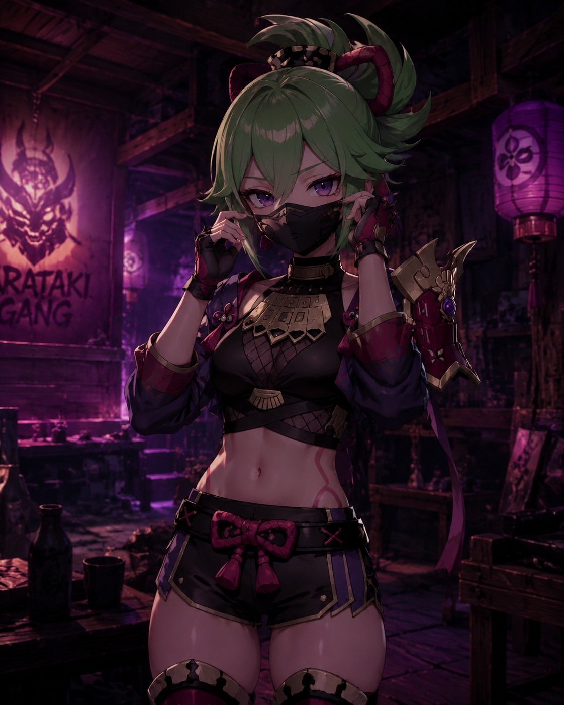 Adjusting her sleek black face mask At the rustic Arataki Gang hideout headquarters (cinematic noir, moody purple lighting)