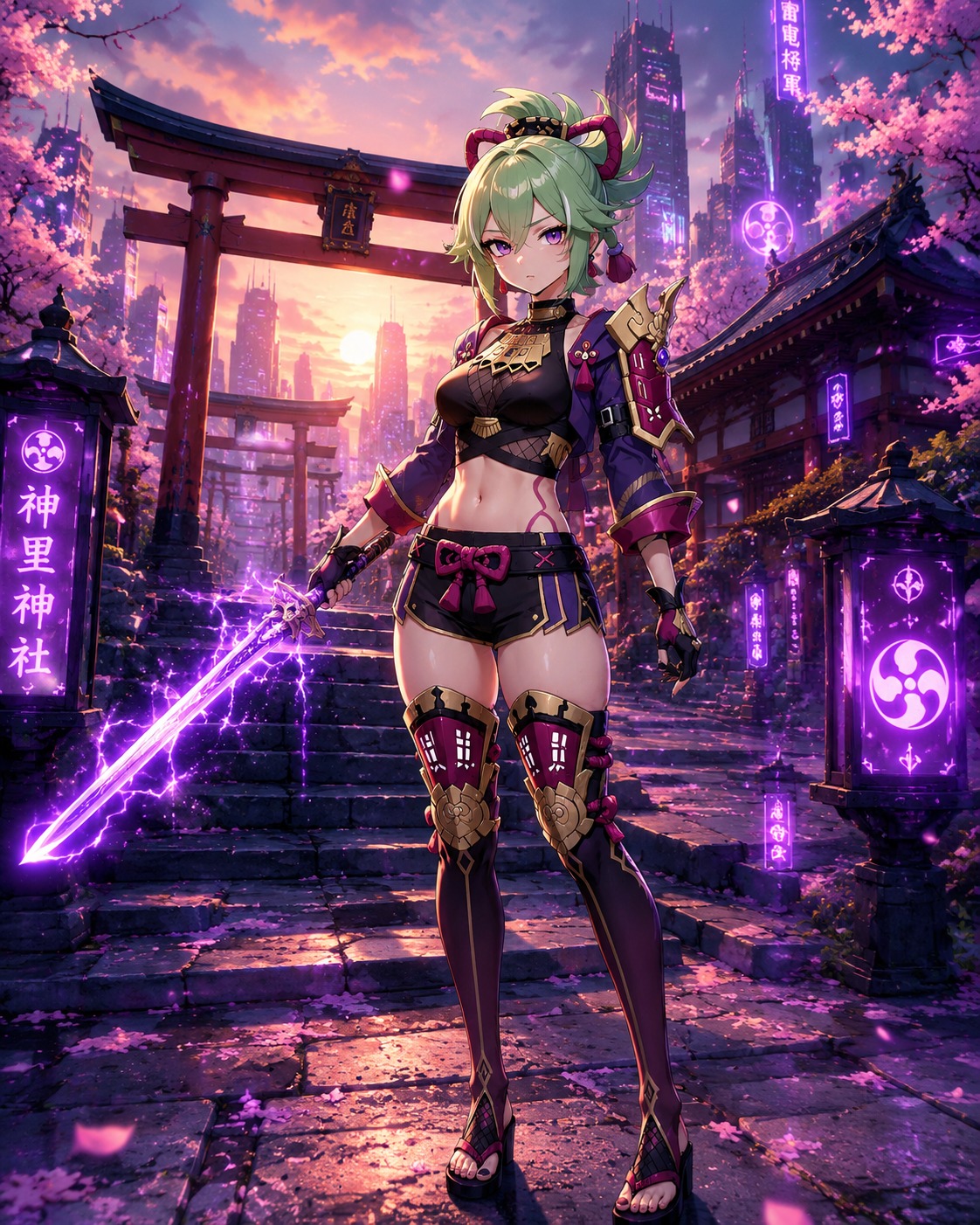 Brandishing a glowing electro-infused shortsword At the serene Grand Narukami Shrine during sunrise (futuristic cyberpunk, neon glow)