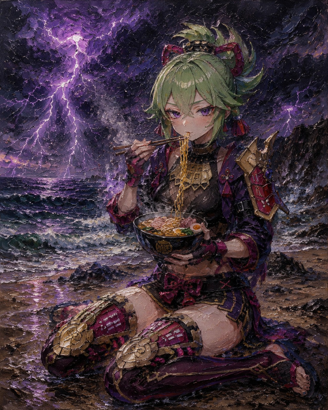 Eating a bowl of hot ramen On a storm-swept beach amidst purple lightning strikes (gritty oil painting, thick impasto)