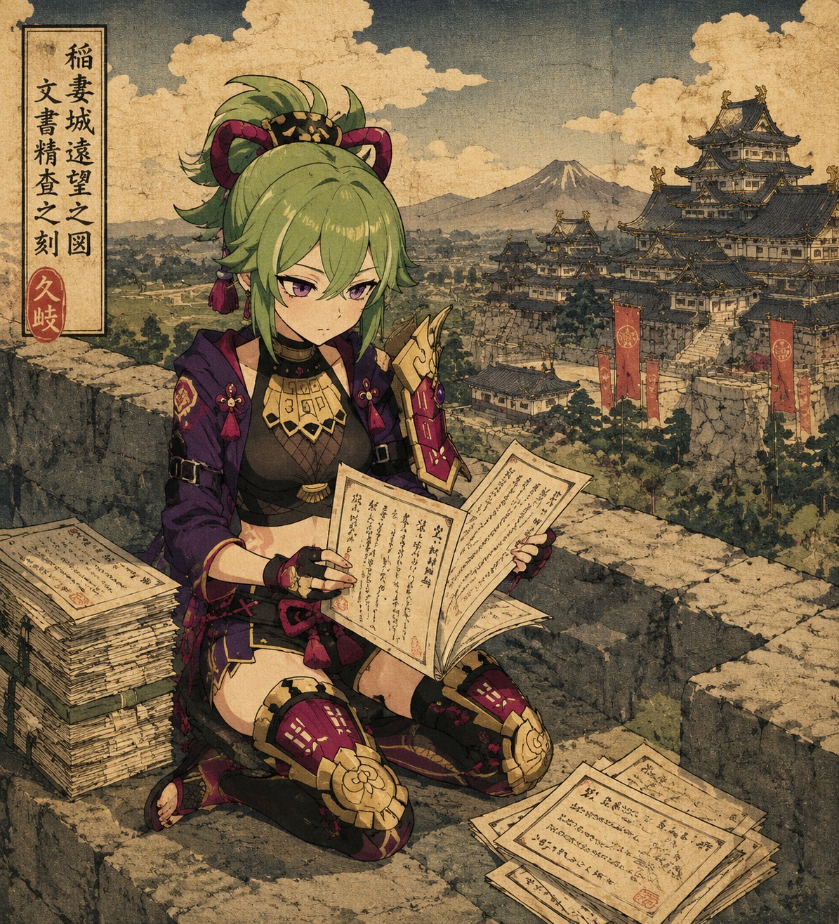 Leafing through a stack of legal documents On a high stone wall facing the Shogun’s palace (ukiyo-e woodblock print, traditional textures)