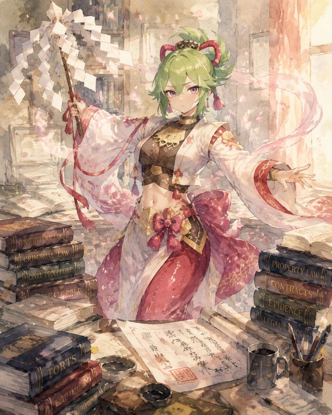 Performing a graceful shrine maiden ritual dance At a cluttered desk piled with law textbooks (soft watercolor illustration, delicate brushwork)